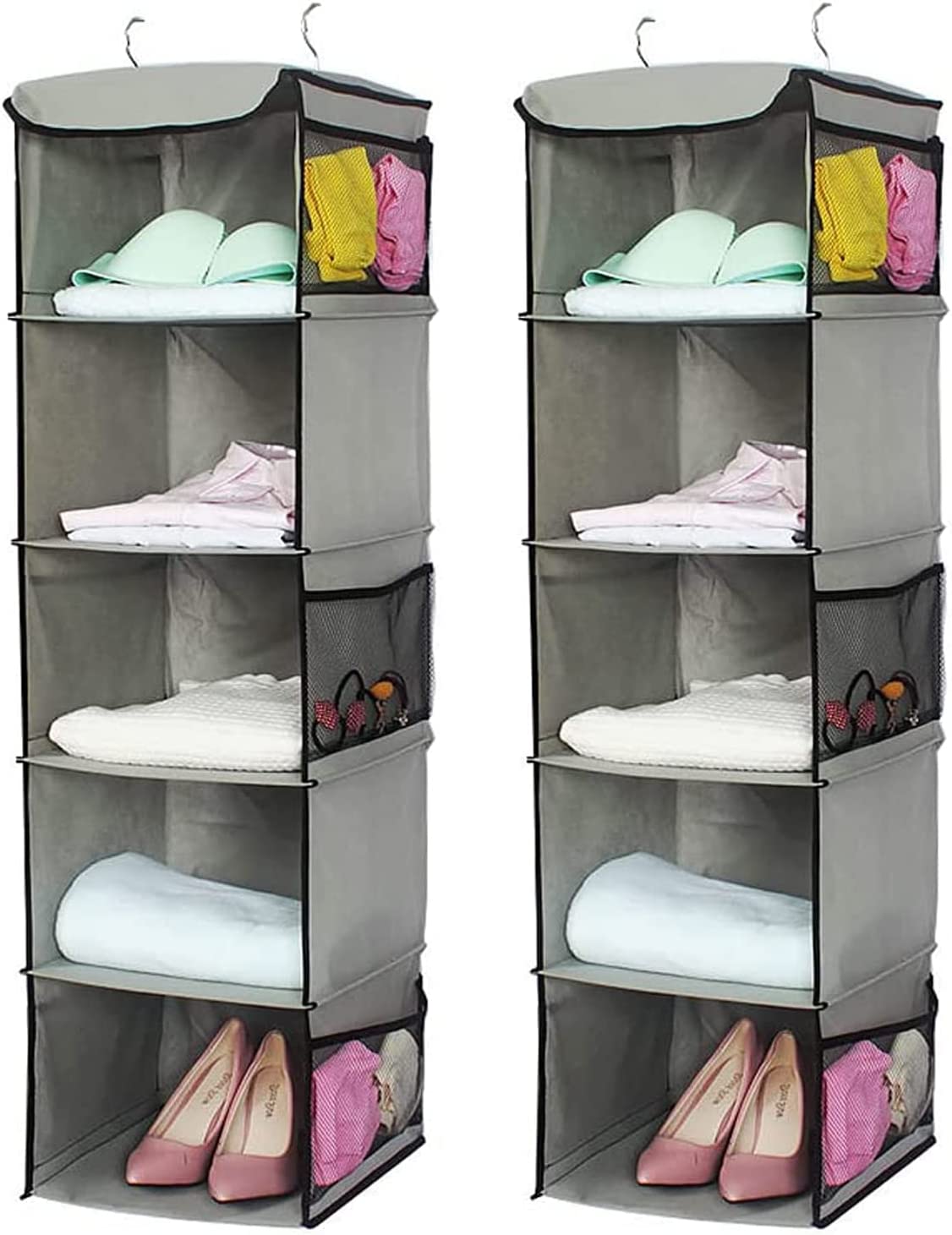 2 Pack 5 Foldable Shelf Hanging Closet Organizer Space Saver with Side Accessories Pockets for Clothes Storage V178-87460