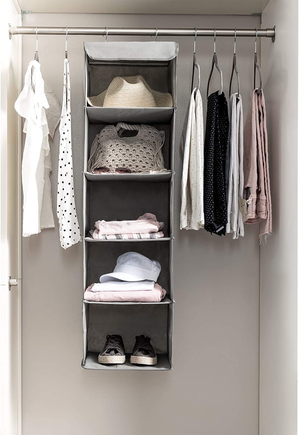 2 Pack 5 Foldable Shelf Hanging Closet Organizer Space Saver with Side Accessories Pockets for Clothes Storage V178-87460