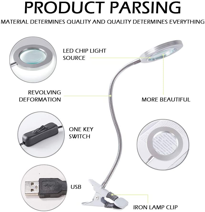 Lighting LED 8X Magnifying Lamp with Metal Clamp 360&deg; Flexible Gooseneck and USB Plug Design for Tattoo, V178-91983