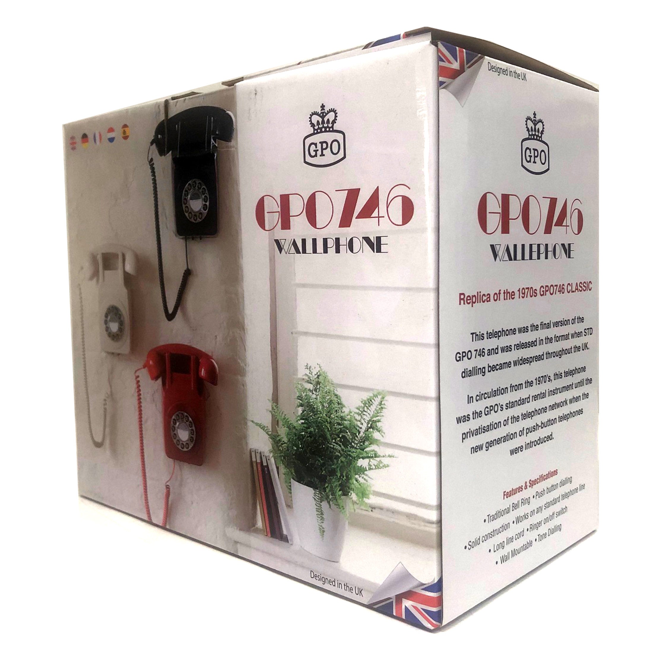 GPO 746 Retro Wall Mount Rotary Push Button Home Phone Landline Classic Red V185-746WALLRED