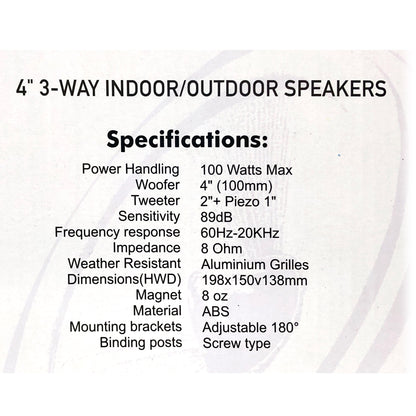 New Audioline Indoor Outdoor Speaker Pair 3-Way 4"" Bookshelf Wall / Ceiling Mount V185-AL40D