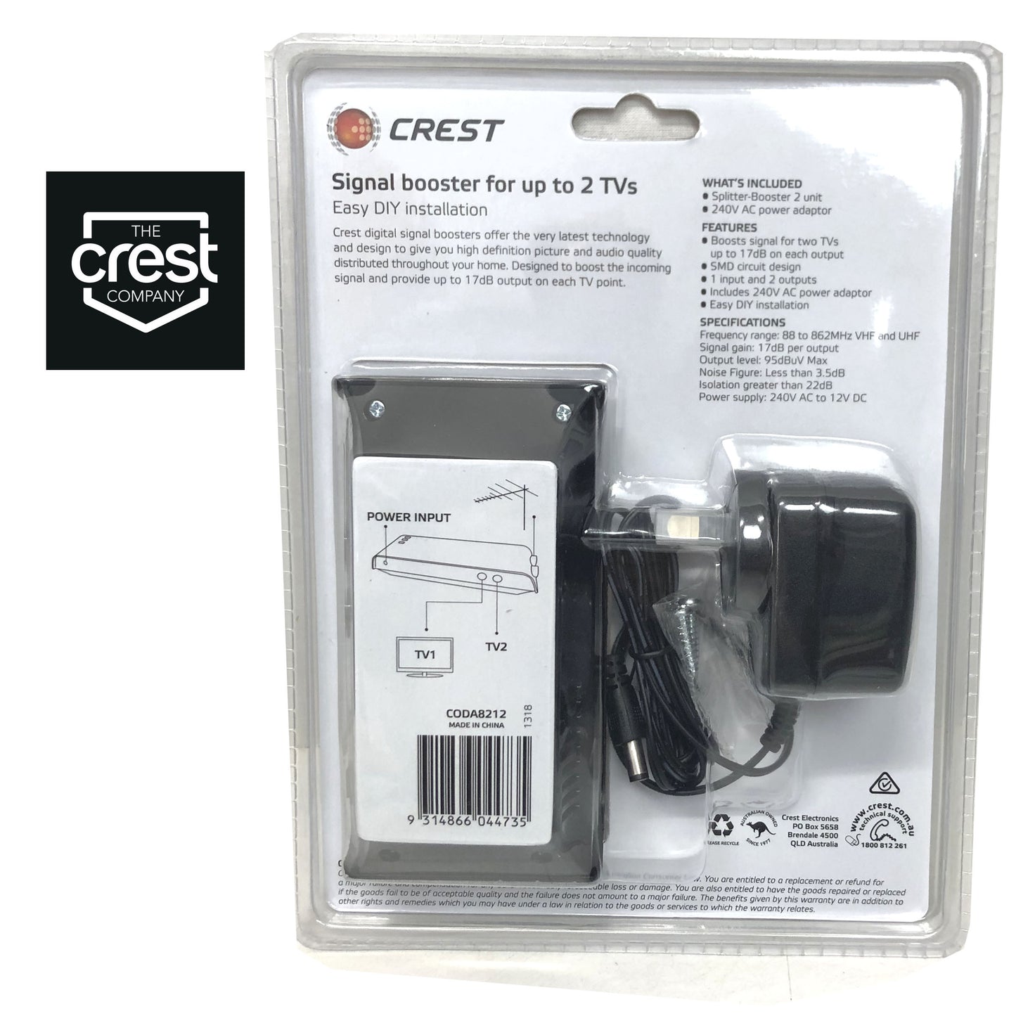 Crest UHF VHF Digital TV Signal Splitter Distributor 2 Outputs V185-CODA8212