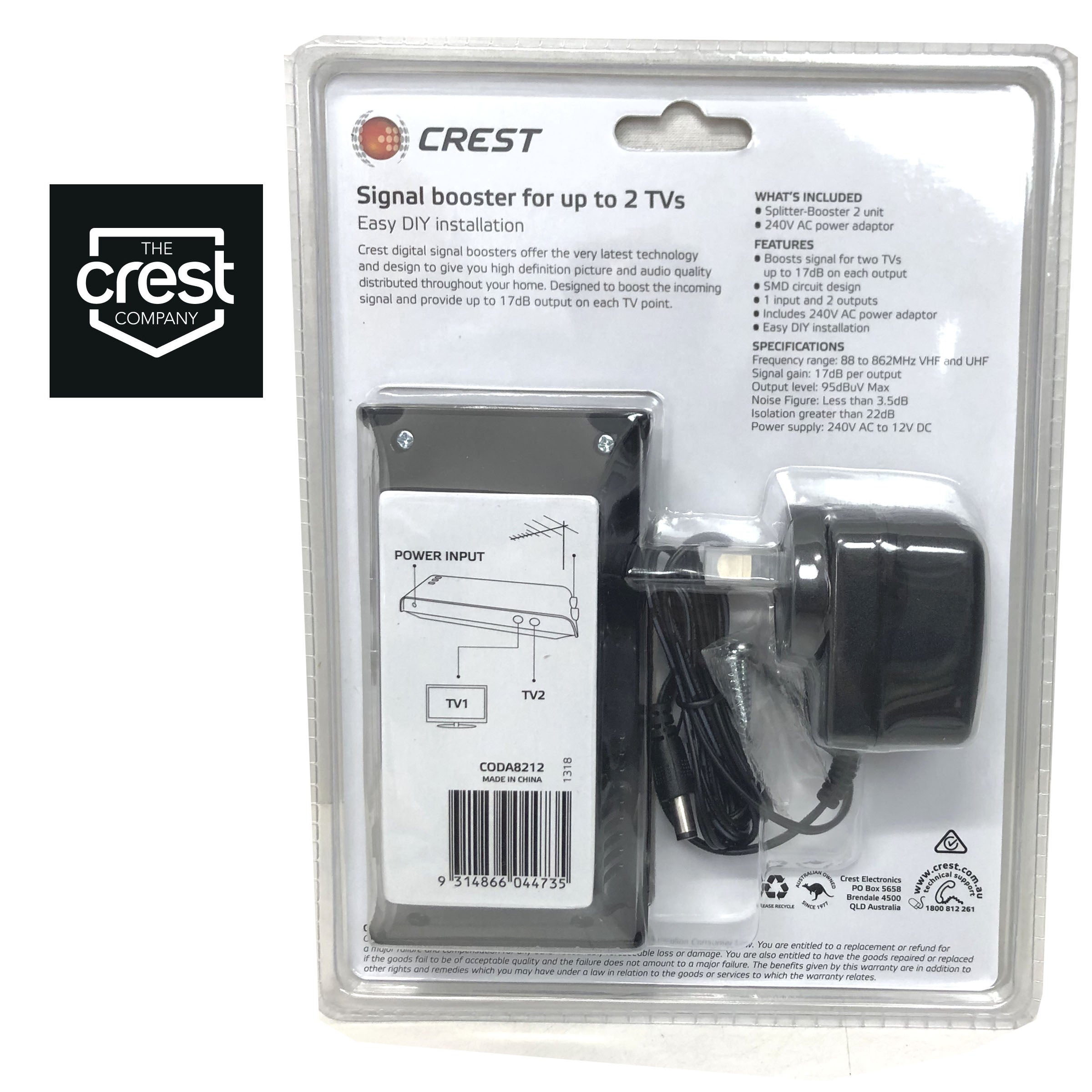 Crest UHF VHF Digital TV Signal Splitter Distributor 2 Outputs V185-CODA8212