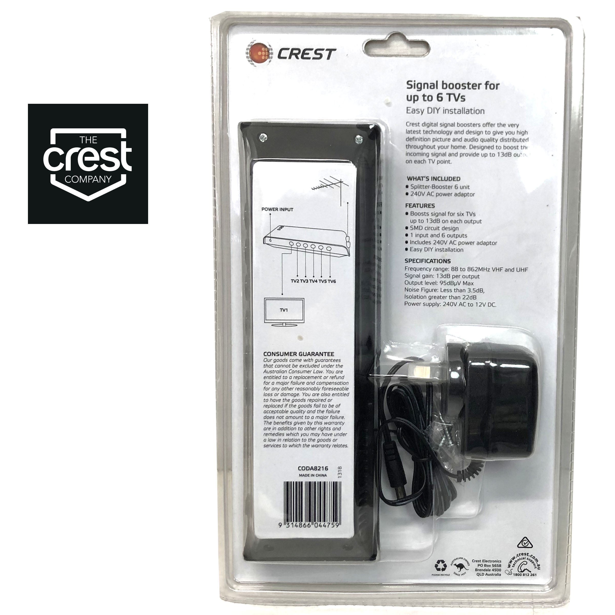 Crest UHF VHF Digital TV Signal Splitter Distributor 6 Outputs V185-CODA8216