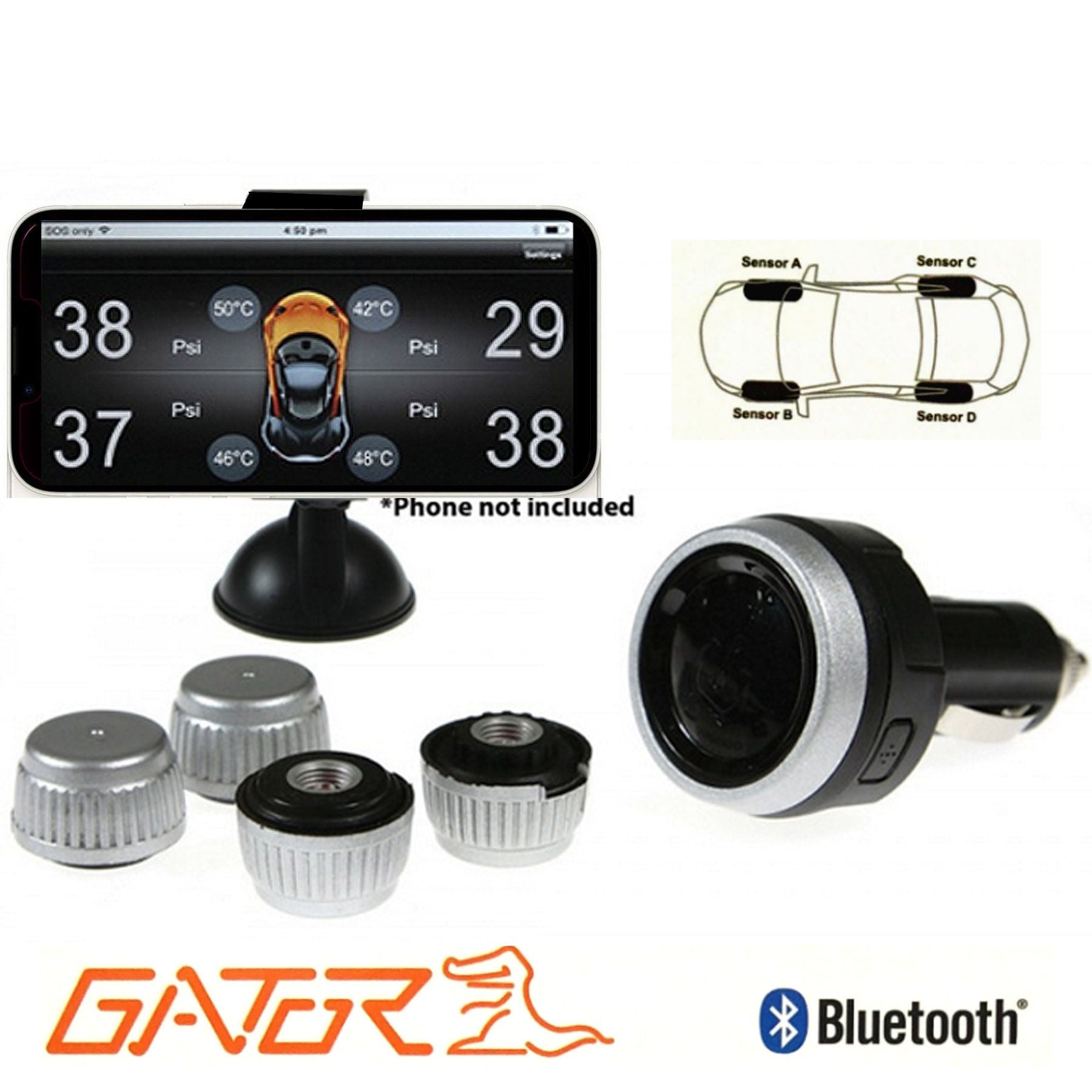 Gator DIY BT Wireless Car Tyre Pressure Monitor Monitoring System App Control TPM iOS V185-GTPMS4BT