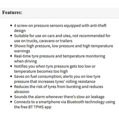 Gator DIY BT Wireless Car Tyre Pressure Monitor Monitoring System App Control TPM iOS V185-GTPMS4BT