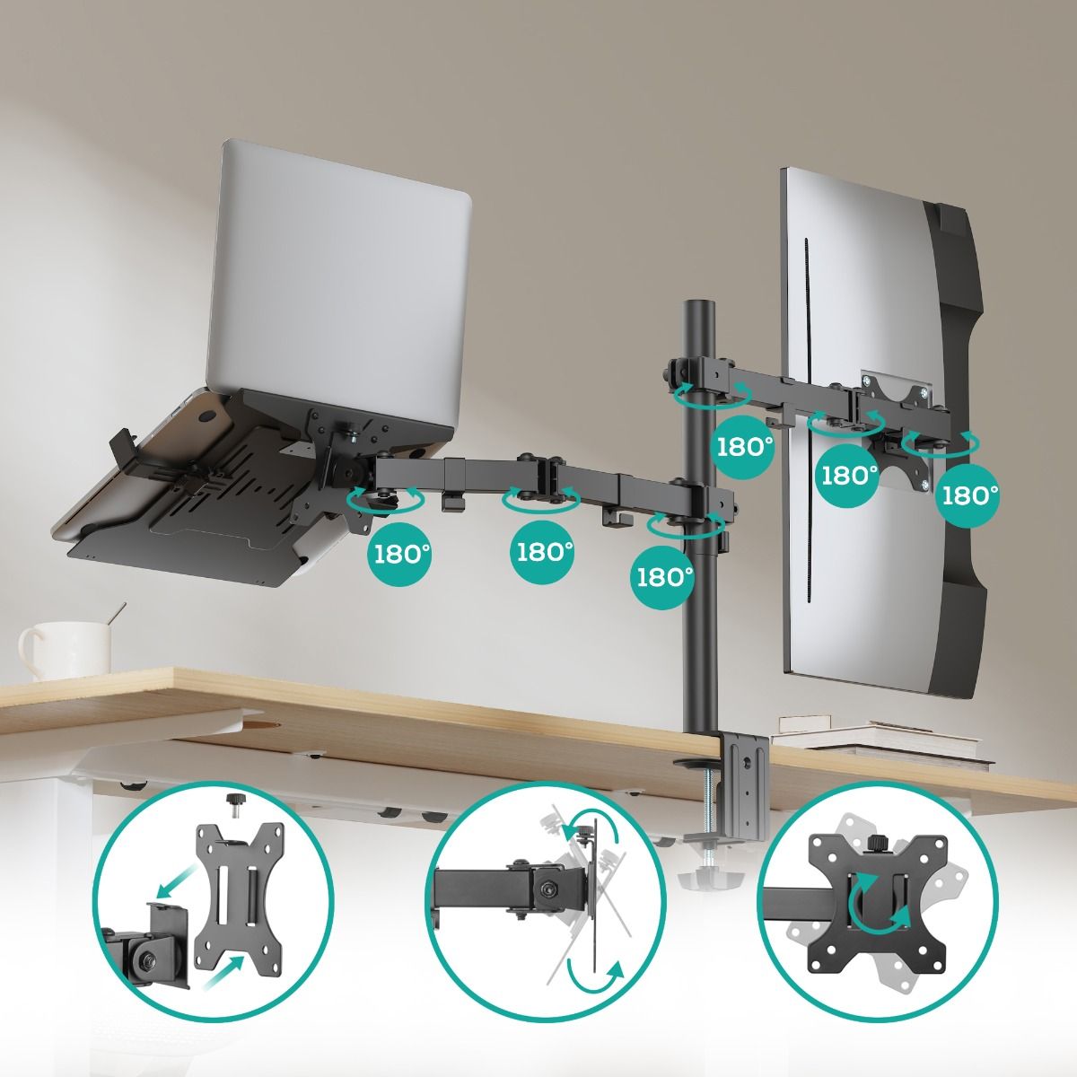 activiva Dual-Screen Articulating Monitor Arm with Interchangeable Laptop Holder V186-ACA-BMA-DLH01K
