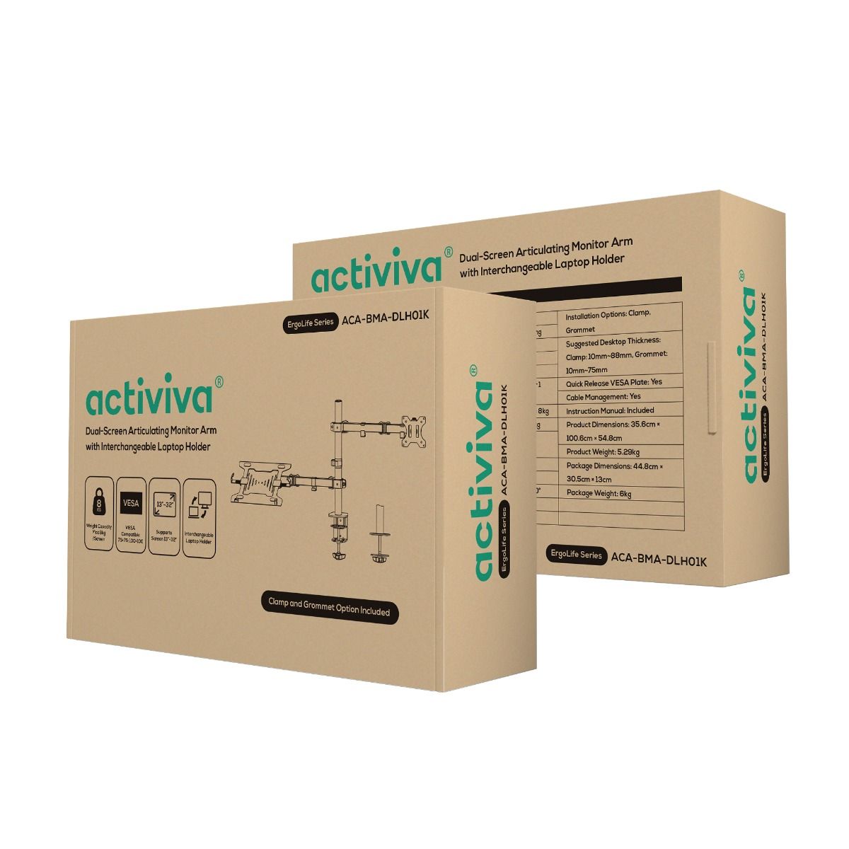 activiva Dual-Screen Articulating Monitor Arm with Interchangeable Laptop Holder V186-ACA-BMA-DLH01K