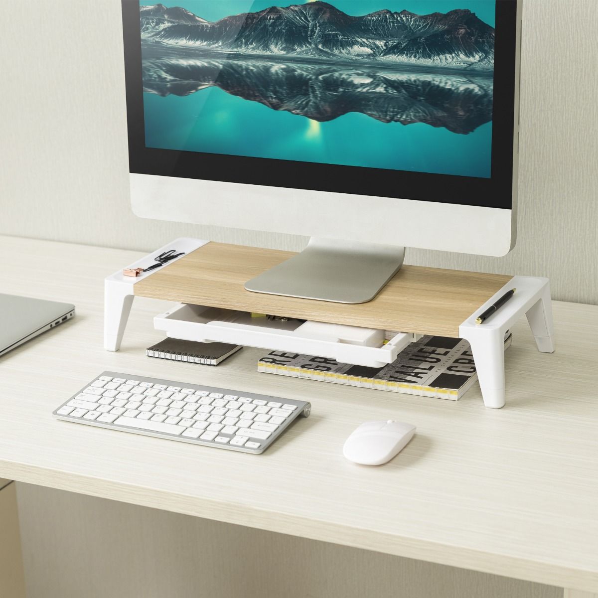 activiva Ergolife Monitor Stand Riser with Storage Drawer V186-ACA-MSTD-02OAK