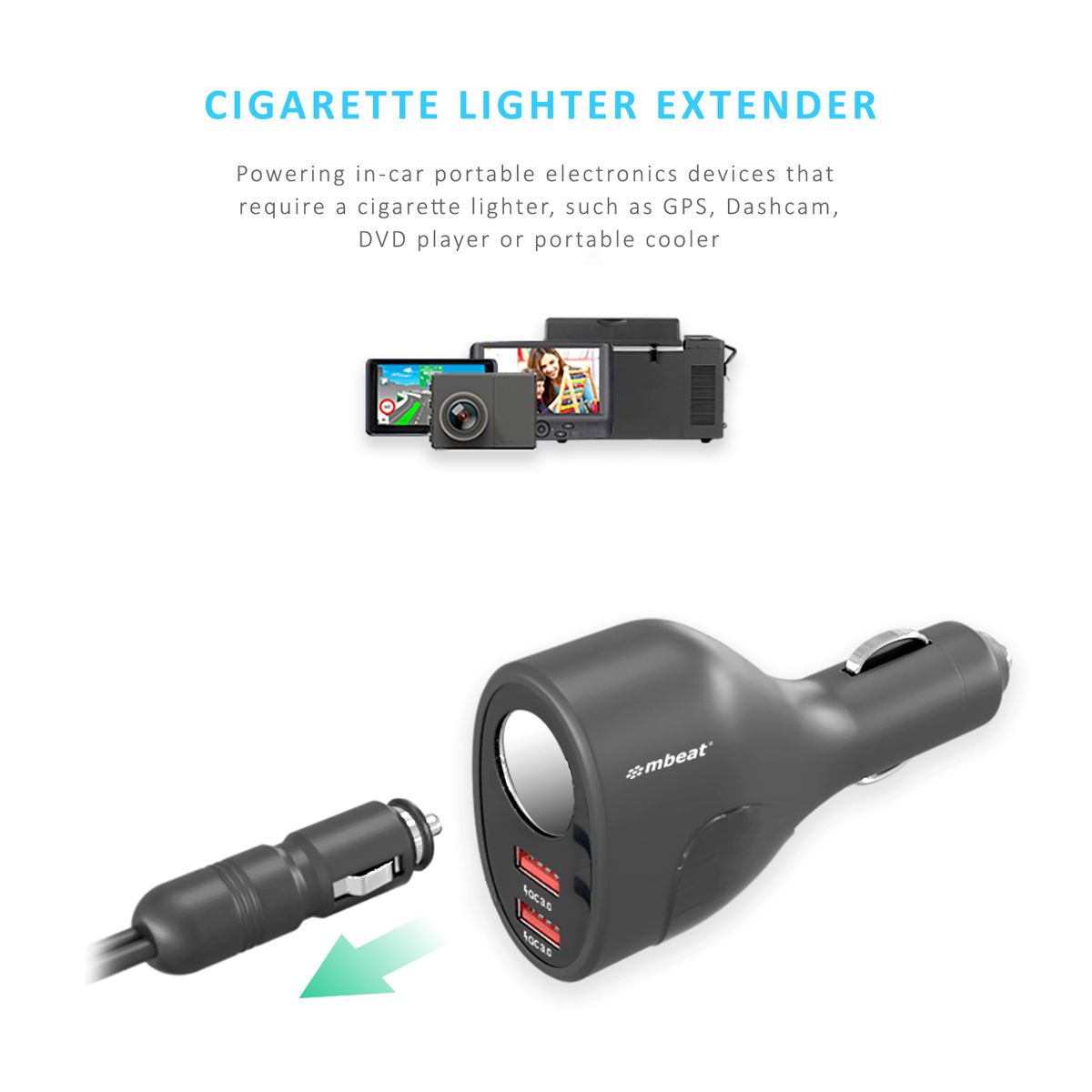 mbeat Gorilla Power Dual Port QC 3.0 Car Charger With Cigar Lighter Socket V186-MB-CHGR-C18
