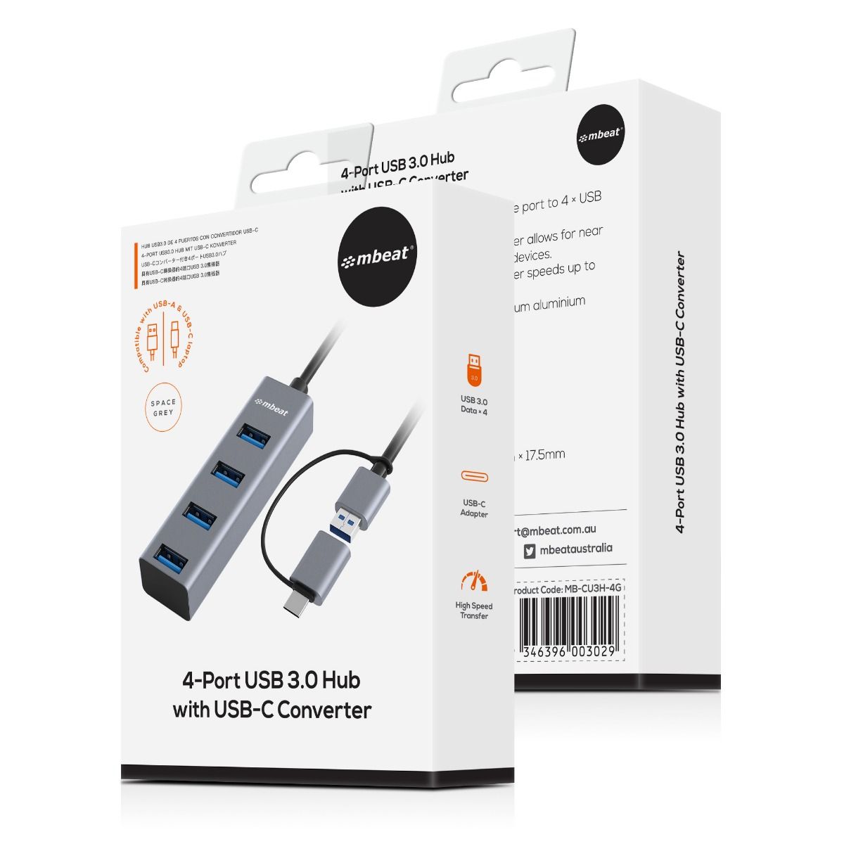 mbeat 4-Port USB 3.0 Hub with 2-in-1 USB 3.0 & USB-C Converter - Space Grey V186-MB-CU3H-4G