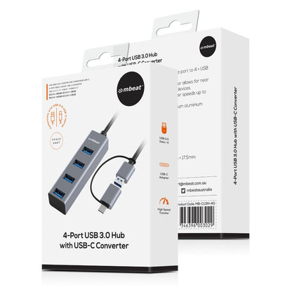 mbeat 4-Port USB 3.0 Hub with 2-in-1 USB 3.0 & USB-C Converter - Space Grey V186-MB-CU3H-4G