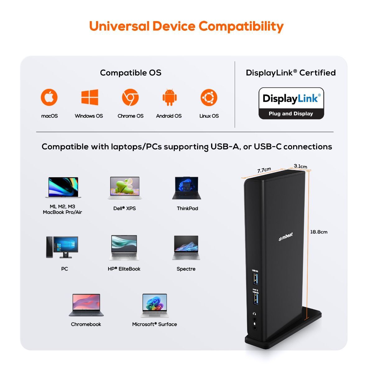 mbeat USB-C/A Dual HDMI DisplayLink Docking Station V186-MB-DOCK-DLD20
