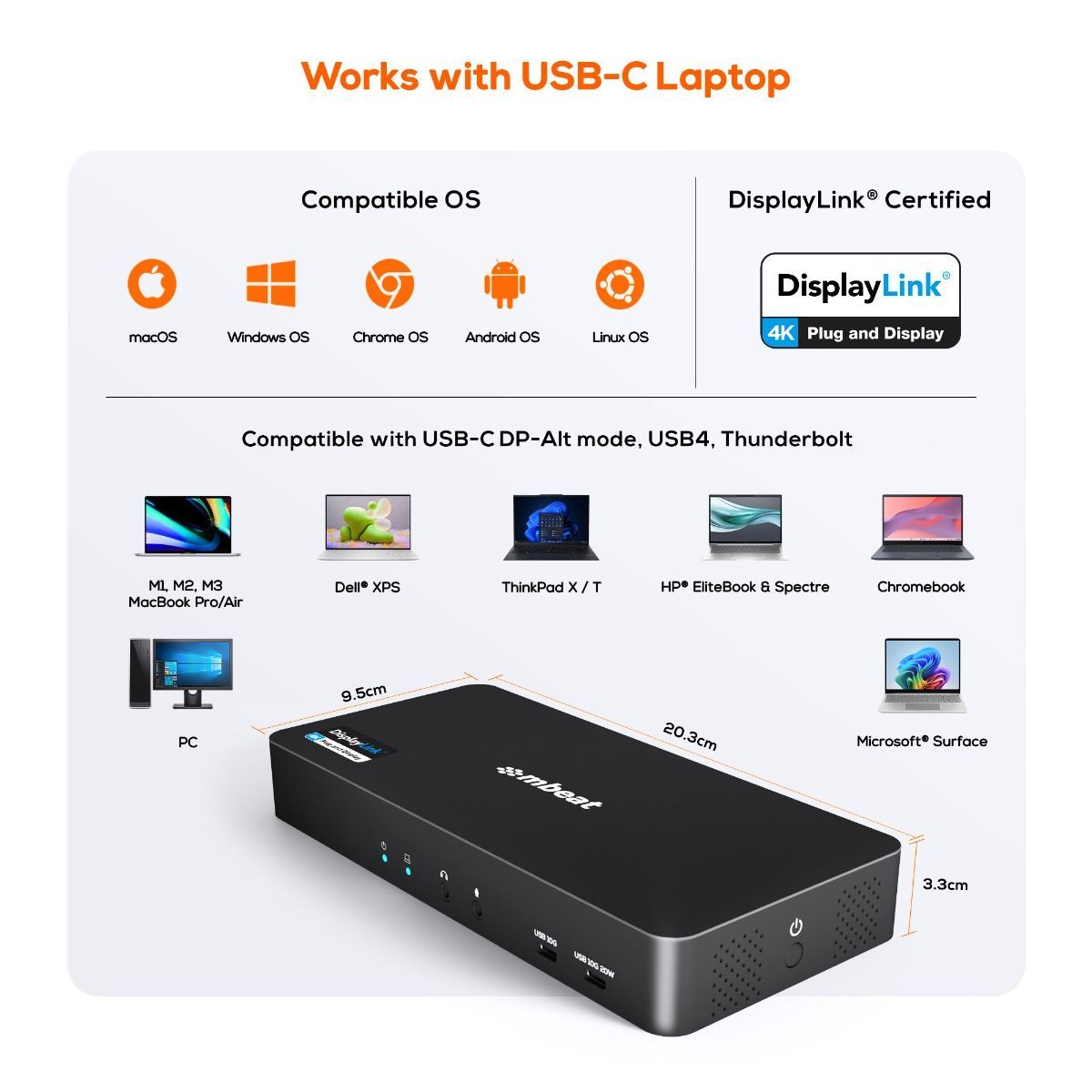 mbeat USB-C Triple 4K Display Docking Station (DisplayLink + HDMI-ALT) V186-MB-DOCK-HDL18