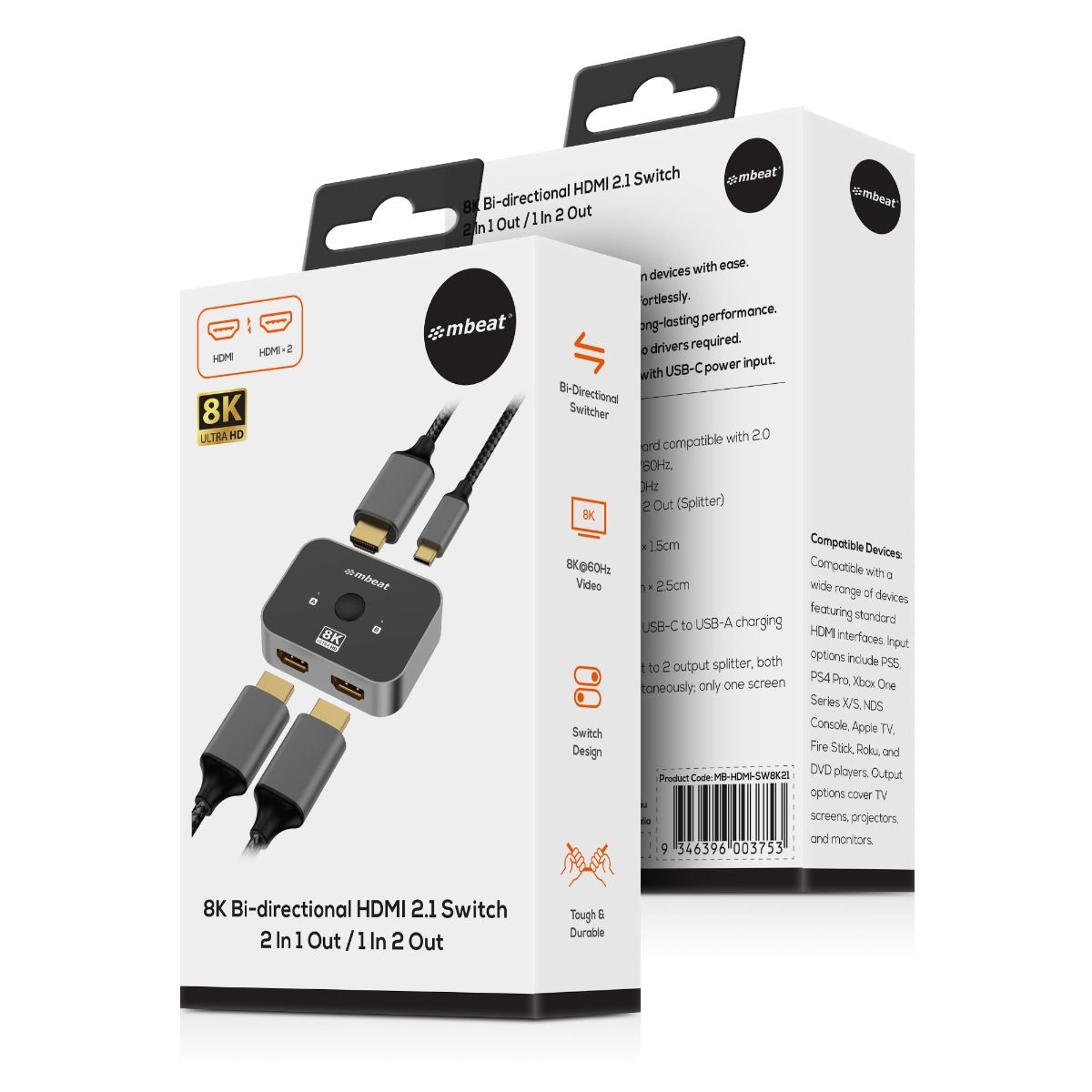 mbeat 8K Bi-directional HDMI 2.1 Switch 2 In 1 Out/1 In 2 Out V186-MB-HDMI-SW8K21
