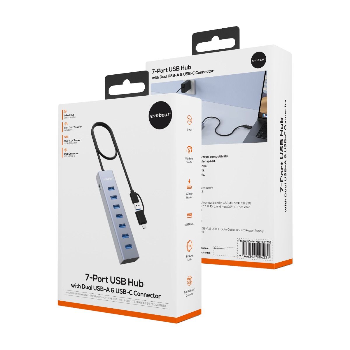 mbeat 7-Port USB Hub with Dual USB-A & USB-C Connector V186-MB-HUB788