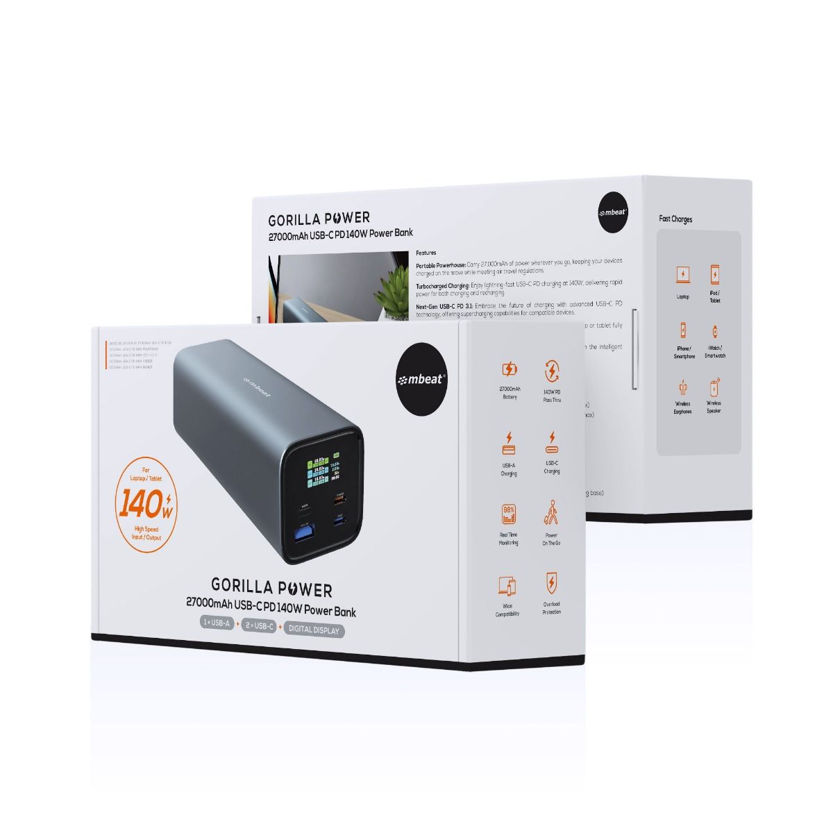 mbeat Gorilla Power 27000mAh USB-C PD 140W Power Bank for Laptop/Tablet/Smartphone V186-MB-PBUC-27000