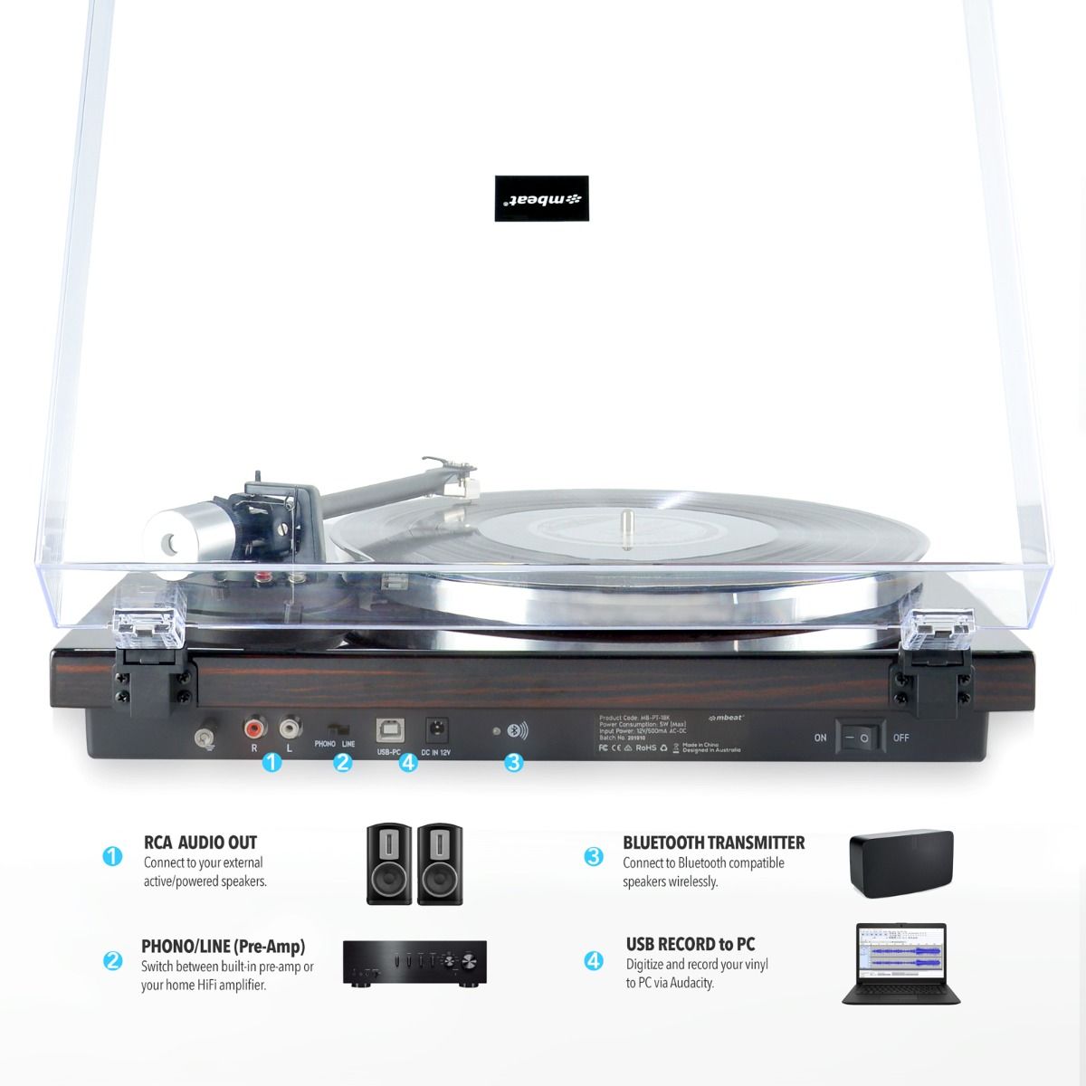 mbeat Hi-Fi Bluetooth Turntable (MMC, USB, Anti-skating, Preamplifier) - Macassar Ebony V186-MB-PT-18K