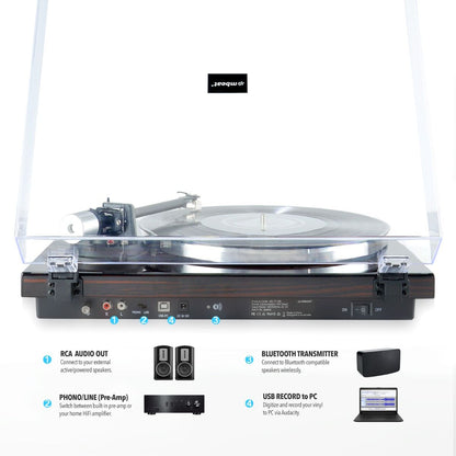 mbeat Hi-Fi Bluetooth Turntable (MMC, USB, Anti-skating, Preamplifier) - Macassar Ebony V186-MB-PT-18K