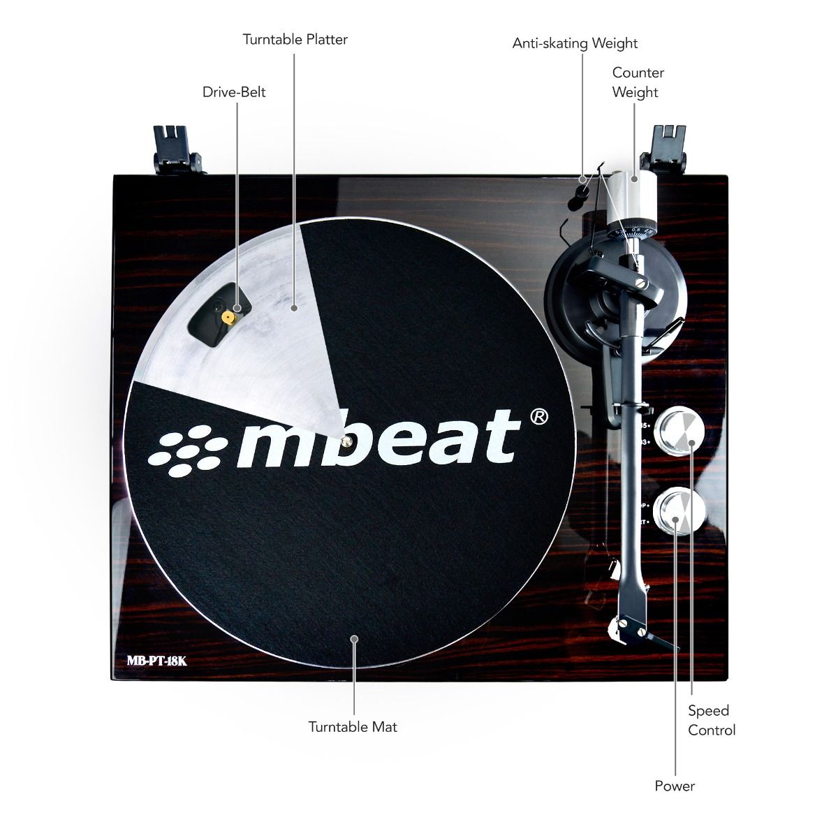 mbeat Hi-Fi Bluetooth Turntable (MMC, USB, Anti-skating, Preamplifier) - Macassar Ebony V186-MB-PT-18K