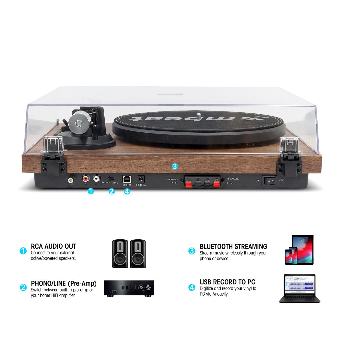 mbeat Hi-Fi Turntable with Bookshelf Speakers and Bluetooth Streaming V186-MB-PT-28