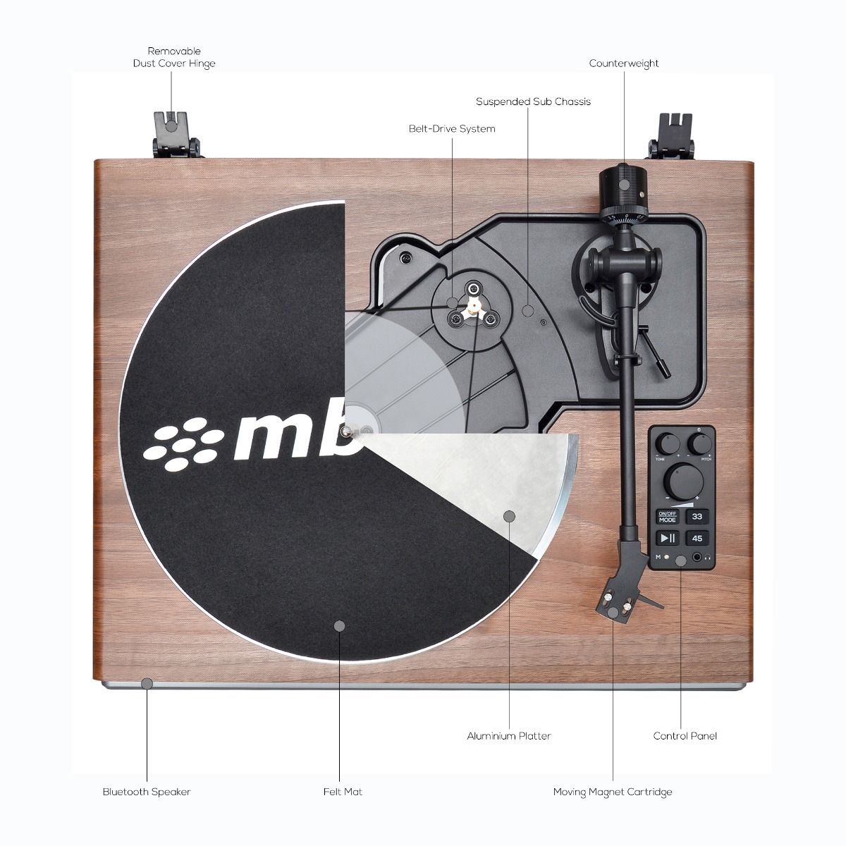 mbeat Hi-Fi Turntable with Built-In Bluetooth Receiving Speaker V186-MB-PT-38AWT