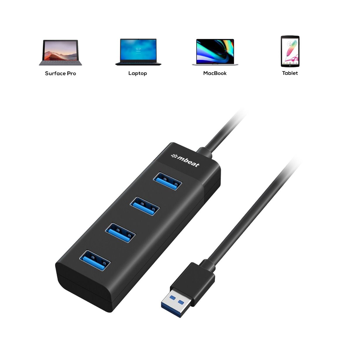 mbeat 4-Port USB 3.0 Hub - Black V186-MB-U3H-4K