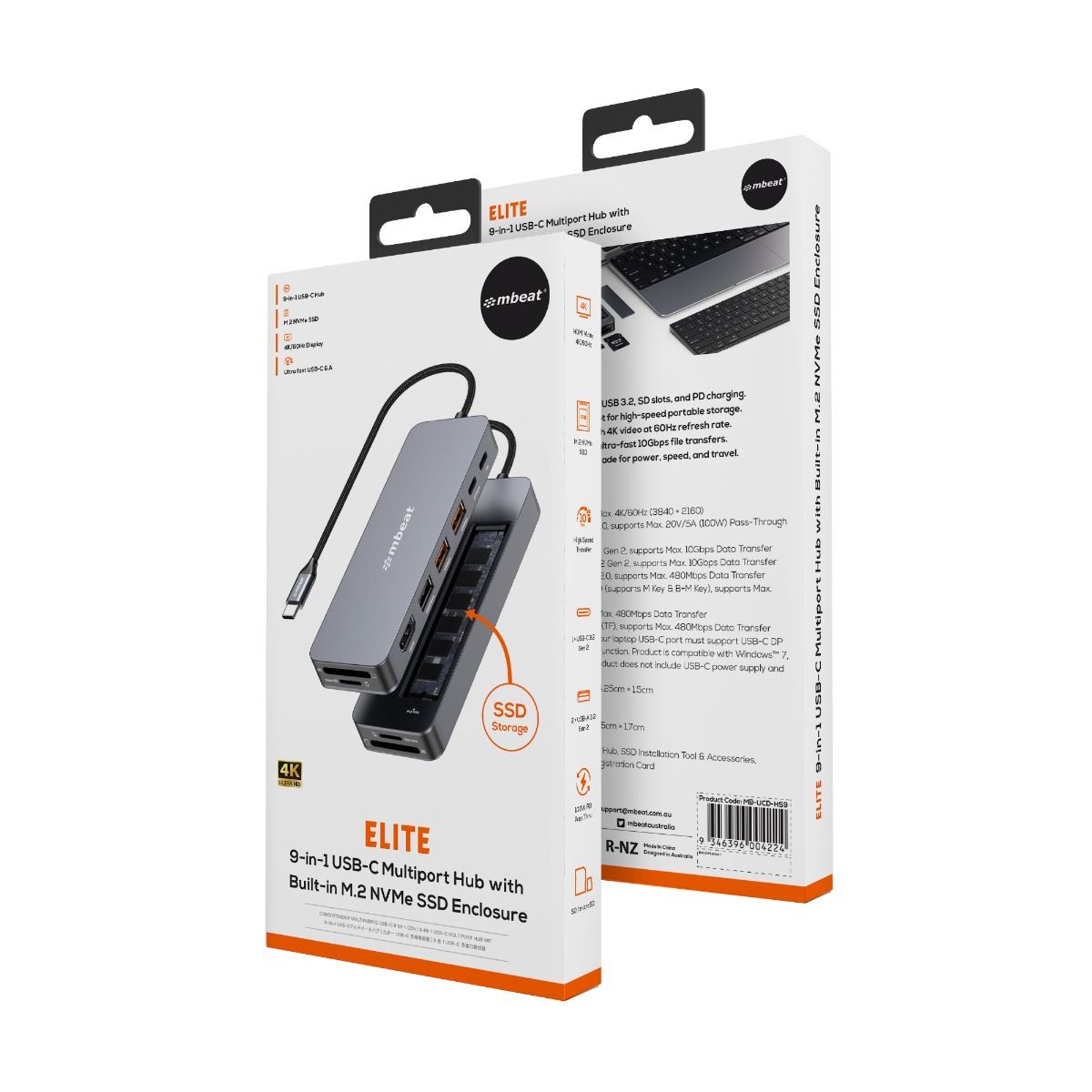 mbeat Elite 9-in-1 USB-C Multiport Hub with Built-in M.2 NVMe SSD Enclosure V186-MB-UCD-HS9