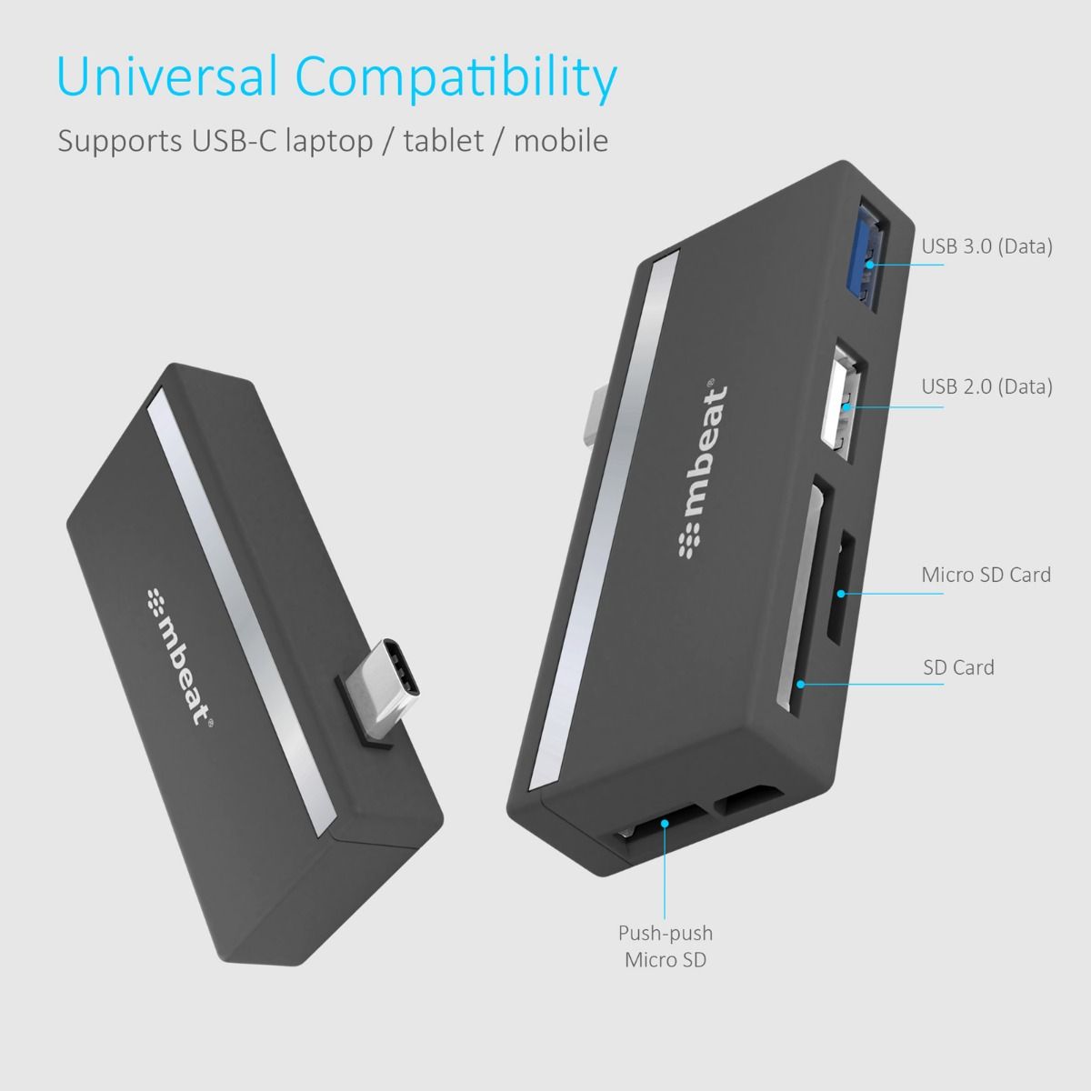 mbeat Essential 5-In-1 USB- C Hub ( USB hub 2.0, 3.0, SD/TF card reader ) V186-MB-UCH-27GRY