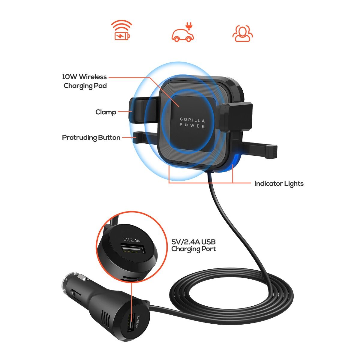 mbeat Gorilla Power 10W Wireless Car Charger With 2.4A USB Charging, Air Vent Clip & Windshield Stand V186-MB-WCS-02