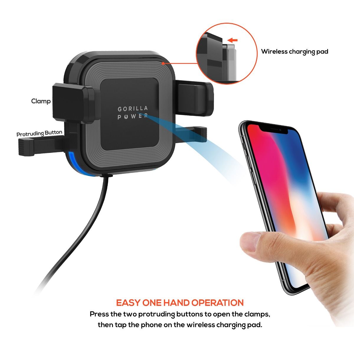 mbeat Gorilla Power 10W Wireless Car Charger With 2.4A USB Charging, Air Vent Clip & Windshield Stand V186-MB-WCS-02