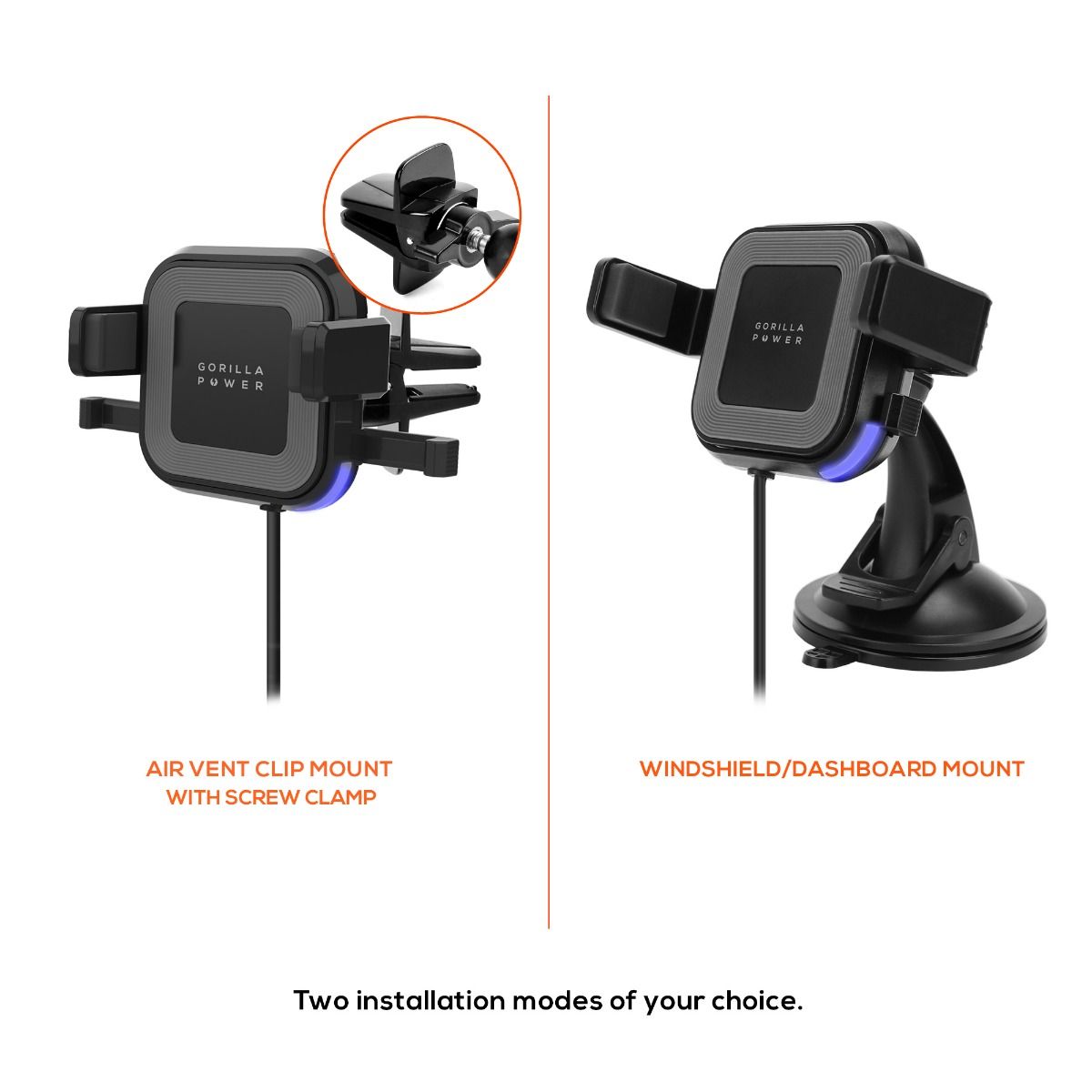 mbeat Gorilla Power 10W Wireless Car Charger With 2.4A USB Charging, Air Vent Clip & Windshield Stand V186-MB-WCS-02