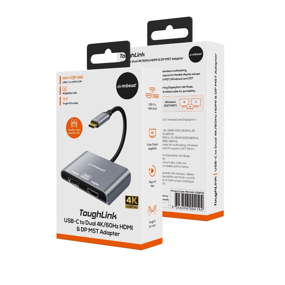 mbeat Tough Link USB-C to DP&HDMI Dual 4K/60Hz MST Adapter - Space Grey V186-MB-XAD-C2DPHD
