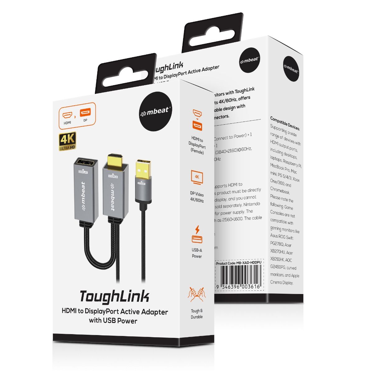 mbeat Tough Link HDMI to DisplayPort Adapter with USB Power V186-MB-XAD-HDDPU