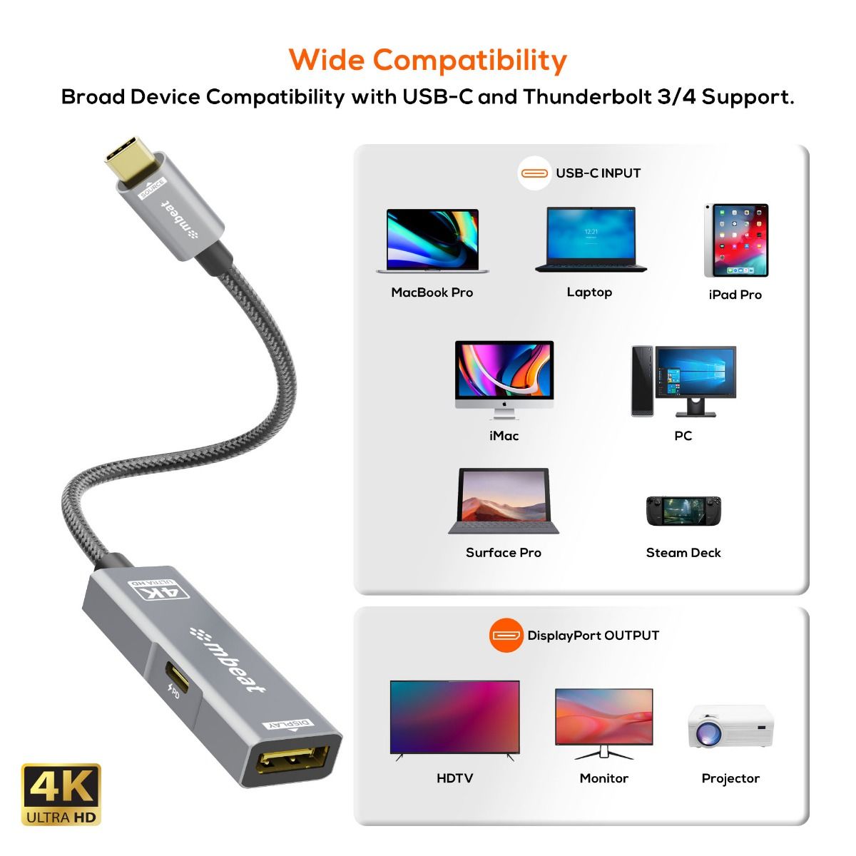 mbeat Tough Link USB-C to DP Adapter with 100W PD - Space Grey V186-MB-XAD-PCDP