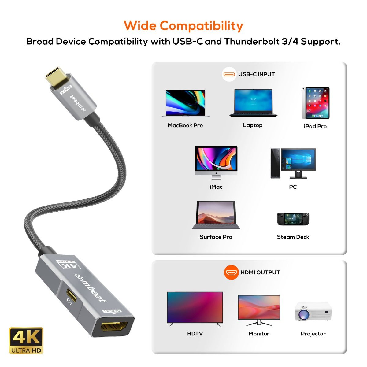 mbeat Tough Link USB-C to HDMI Adapter with 100W PD - Space Grey V186-MB-XAD-PCHD