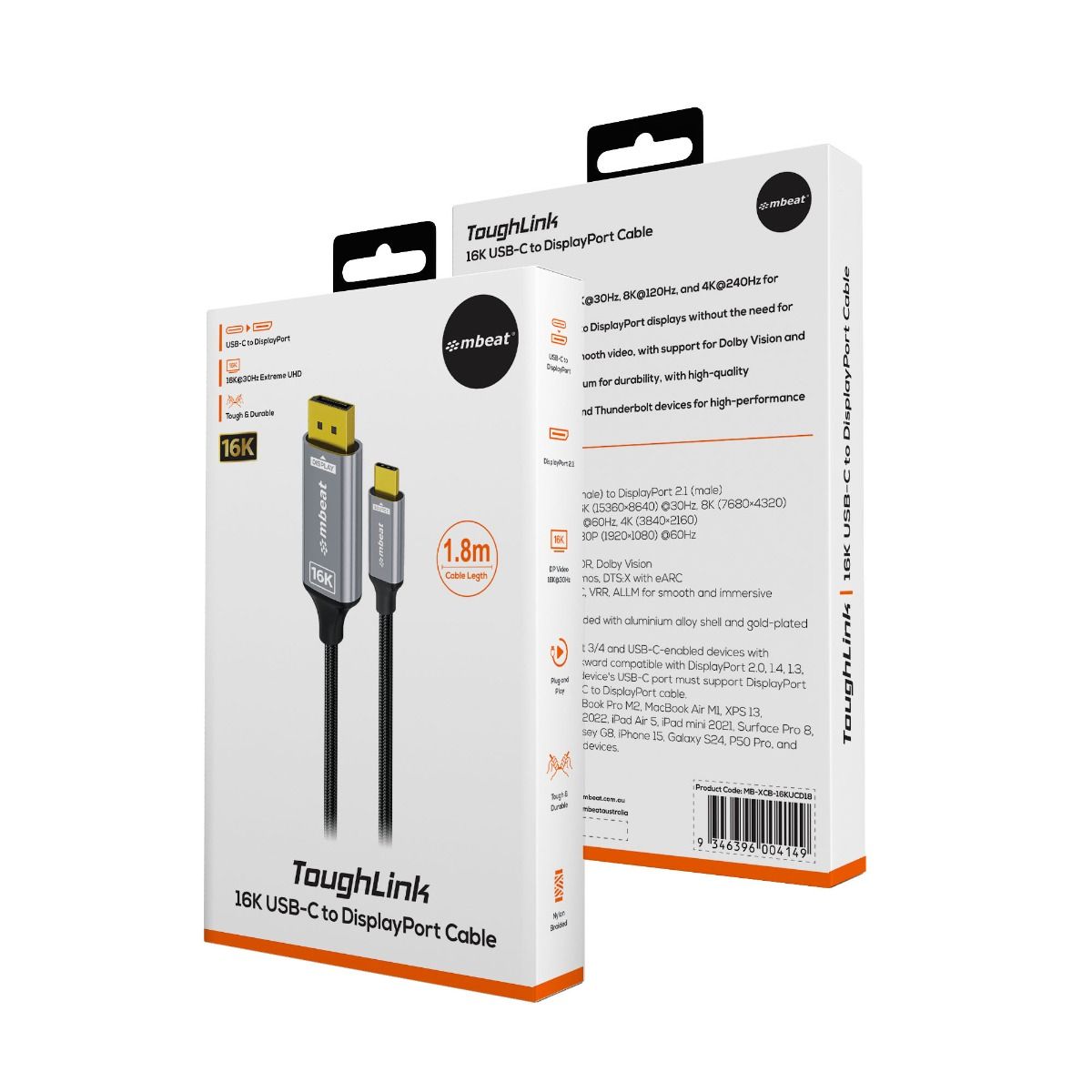 mbeat Tough Link 1.8m 16K USB-C to DP Cable - Space Grey V186-MB-XCB-16KUCD18
