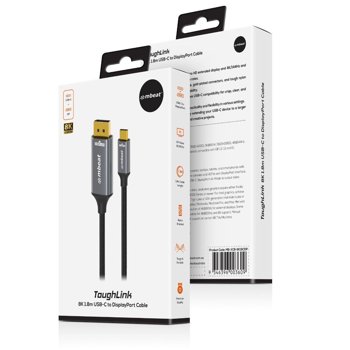 mbeat Tough Link 8K 1.8m USB-C to DisplayPort Cable V186-MB-XCB-8K18CDP
