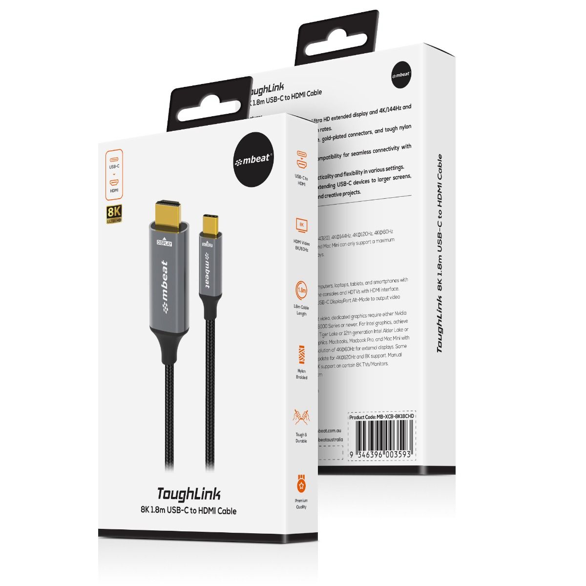 mbeat Tough Link 8K 1.8m USB-C to HDMI Cable V186-MB-XCB-8K18CHD