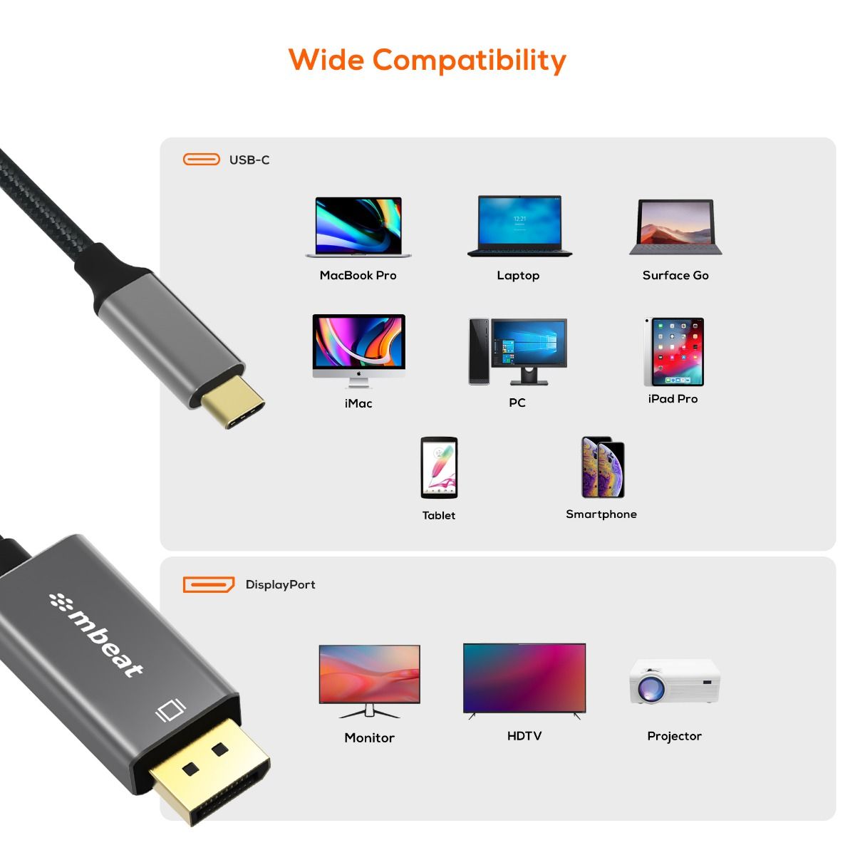 mbeat Tough Link 1.8m 4K USB-C to Display Port Cable - Space Grey V186-MB-XCB-CDP18