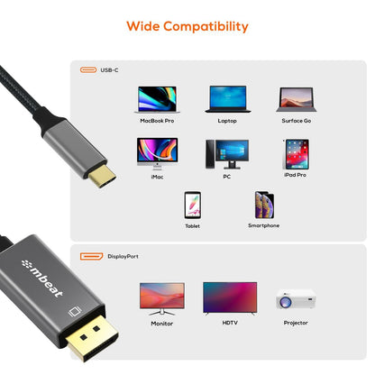 mbeat Tough Link 1.8m 4K USB-C to Display Port Cable - Space Grey V186-MB-XCB-CDP18