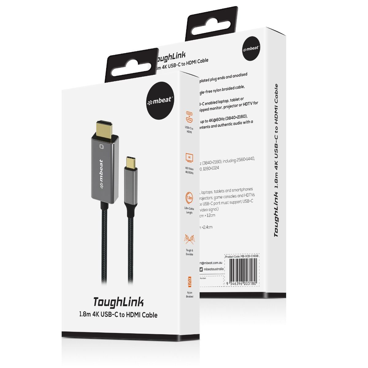 mbeat Tough Link 1.8m 4K USB-C to HDMI Cable - Space Grey V186-MB-XCB-CHD18