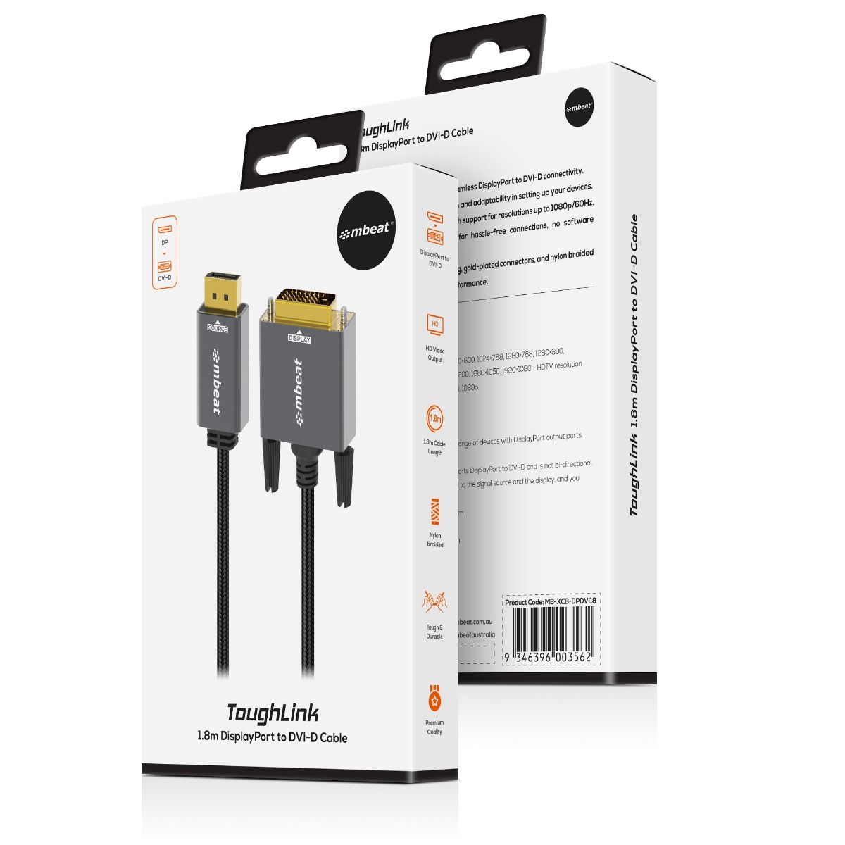 mbeat Tough Link 1.8m DisplayPort to DVI-D Cable V186-MB-XCB-DPDVI18