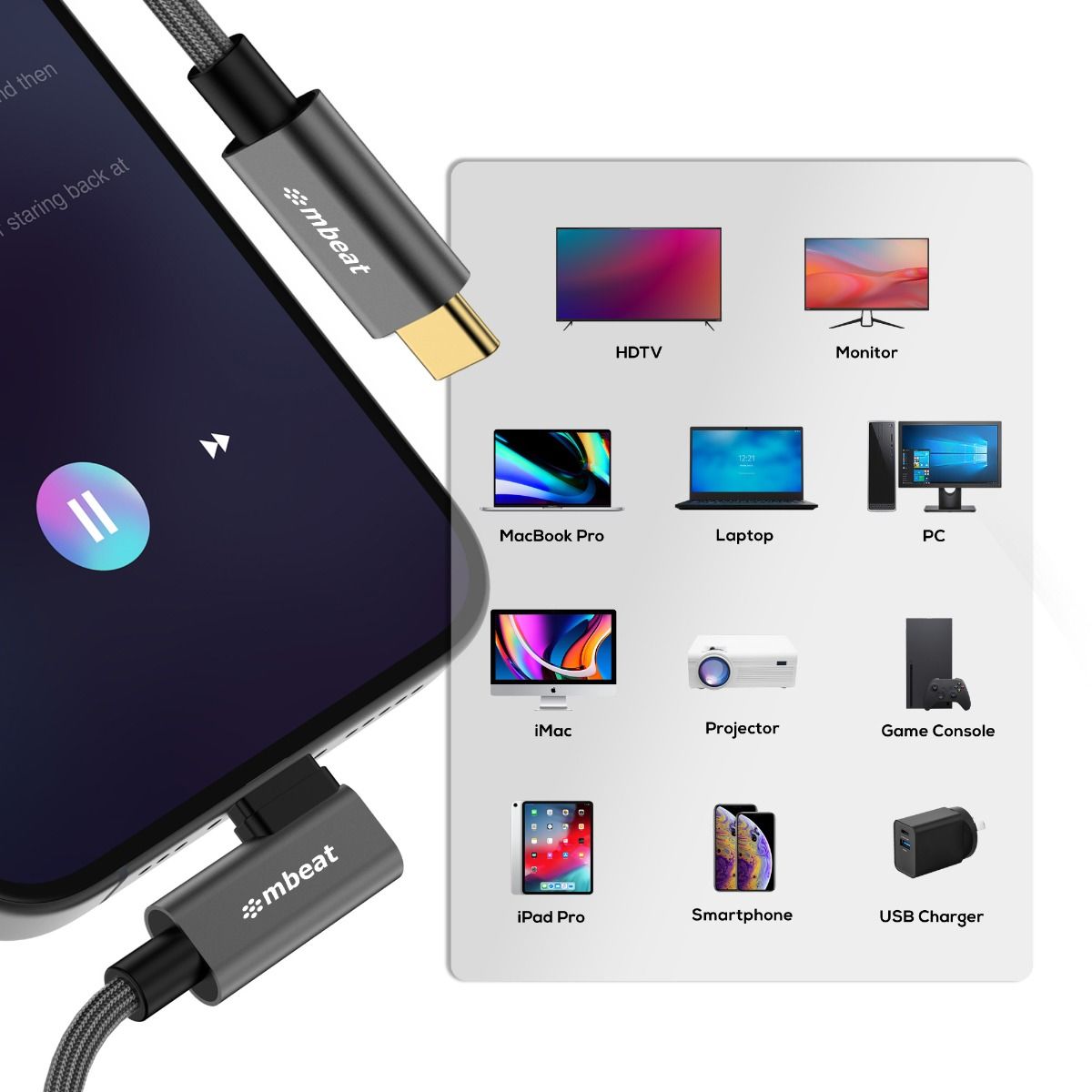 mbeat Tough Link 1.8m L-Shape USB 3.2 Gen2 USB-C Cable - Space Grey V186-MB-XCB-LSC2C180