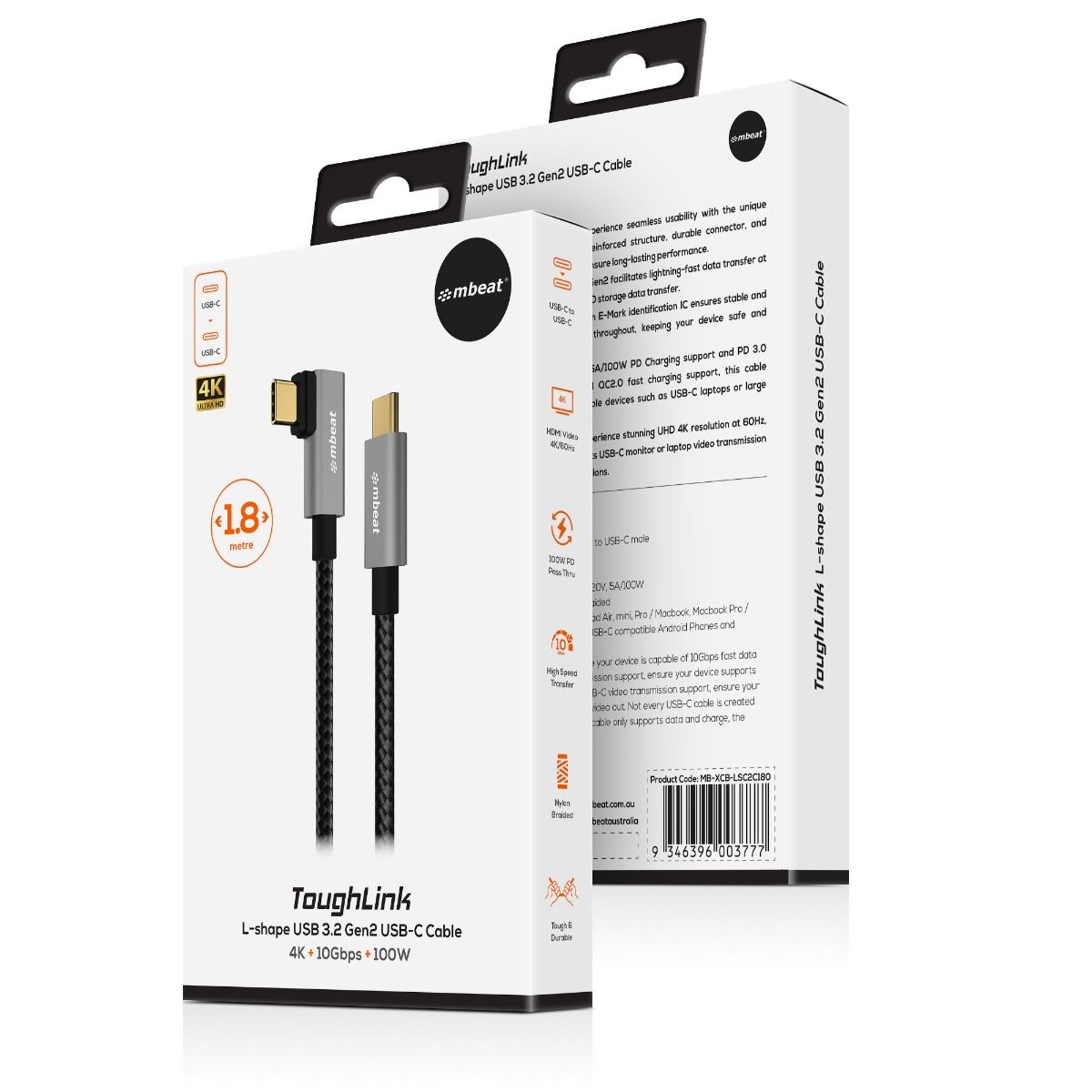 mbeat Tough Link 1.8m L-Shape USB 3.2 Gen2 USB-C Cable - Space Grey V186-MB-XCB-LSC2C180