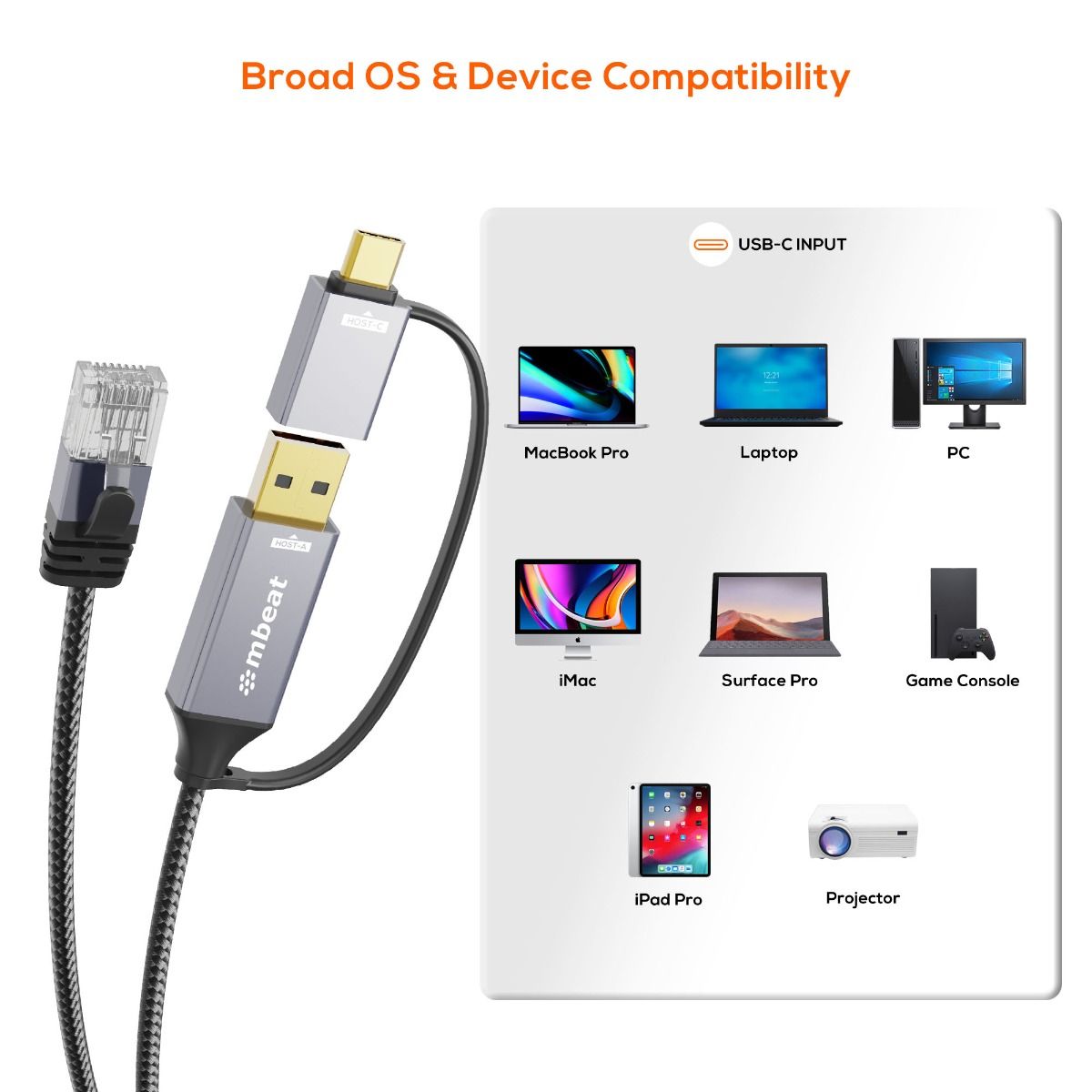 mbeat Tough Link 2m USB & USB-C to RJ45 Ethernet Cable - Space Grey V186-MB-XCB-UCN20