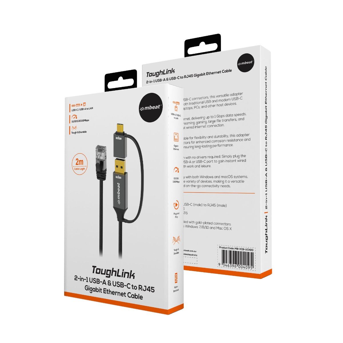 mbeat Tough Link 2m USB & USB-C to RJ45 Ethernet Cable - Space Grey V186-MB-XCB-UCN20