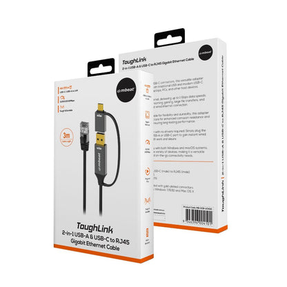 mbeat Tough Link 3m USB & USB-C to RJ45 Ethernet Cable - Space Grey V186-MB-XCB-UCN30