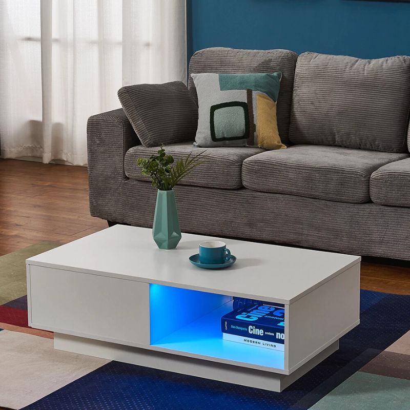 LED High Gloss Top White Coffee Table With Single Drawer V195-CT950-LED
