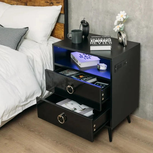 Amelia Modern LED Bedside table with USB and power socket black x 2 V195-NT-023-BK2